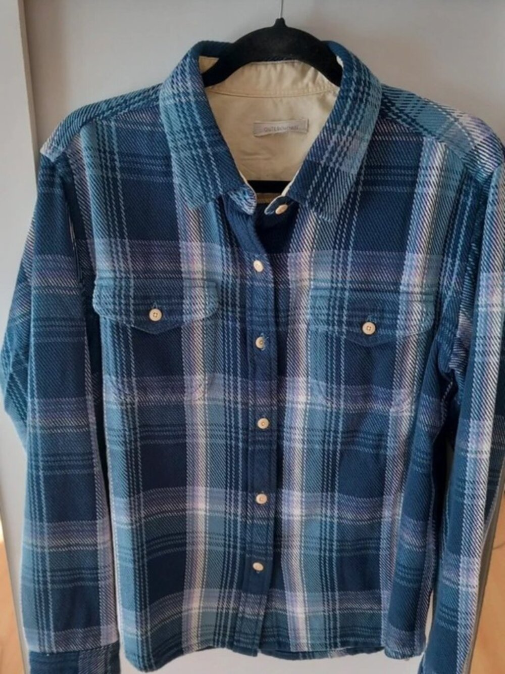 Navy Blue Plaid Flannel Button-Up Shirt, Women’s, Size M